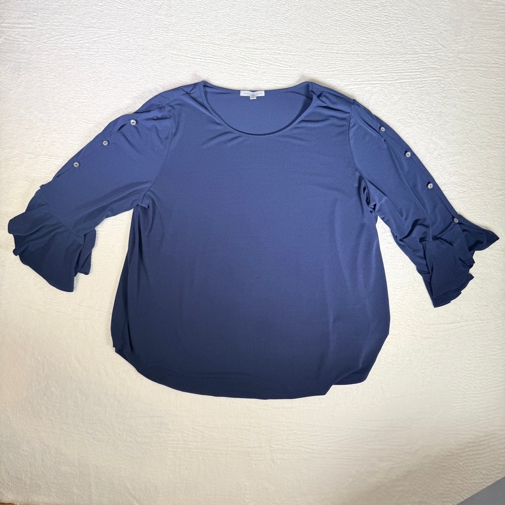 GREEN ENVELOPE Womens Navy Blue Bell Sleeve Button Detail Top 2X USA Cottagecore